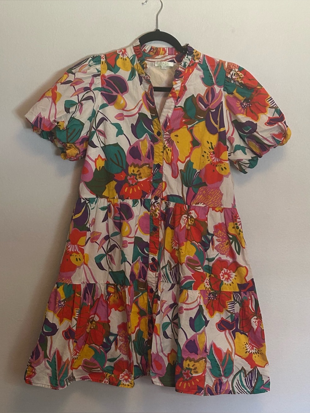 Floral Tiered Mini Dress in White with Yellow, Pink, Green & Purple
